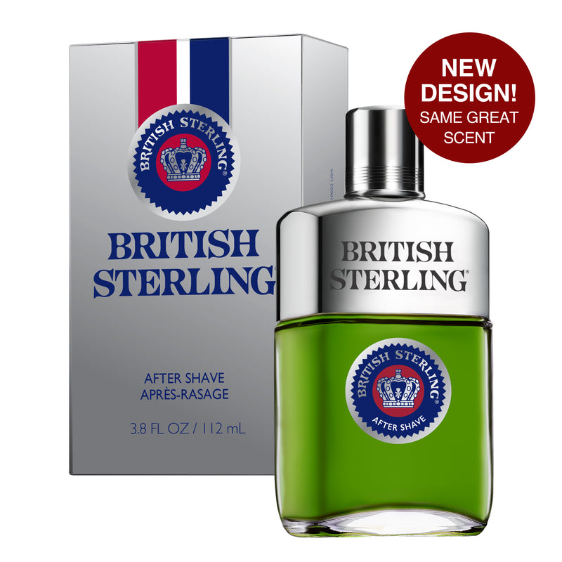Product shot of British Sterling After Shave bottle and front box packaging; promo dot that reads: 