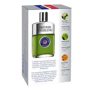 Tilted back view of British Sterling After Shave box packaging where you can read into and description of fragrance and the Top, Middle and Base Notes.