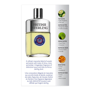Back view of British Sterling Cologne Splash box packaging where you can read into and description of fragrance and the Top, Middle and Base Notes.