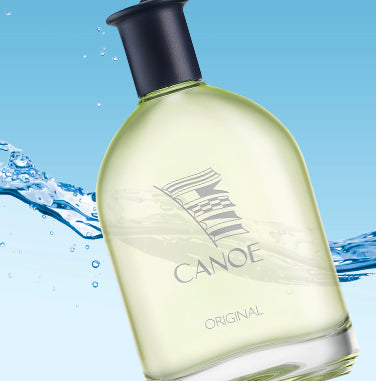 Editorial shot: close-up of Bottle of Canoe eau de toilette splash on water wave background. 