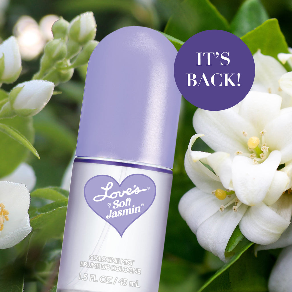 Editorial shot of Love's Soft Jasmine bottle in the middle of jasmine flowers with dot that reads: 