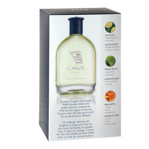 Tilted back view of packaging box for Canoe eau de toilette splash with description of fragrance with Top, Middle and Base Notes.