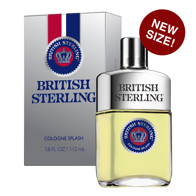 Product shot of British Sterling 3.8fl oz /112 ml Cologne Splash bottle and front view of box packaging. Promo dot that reads: 
