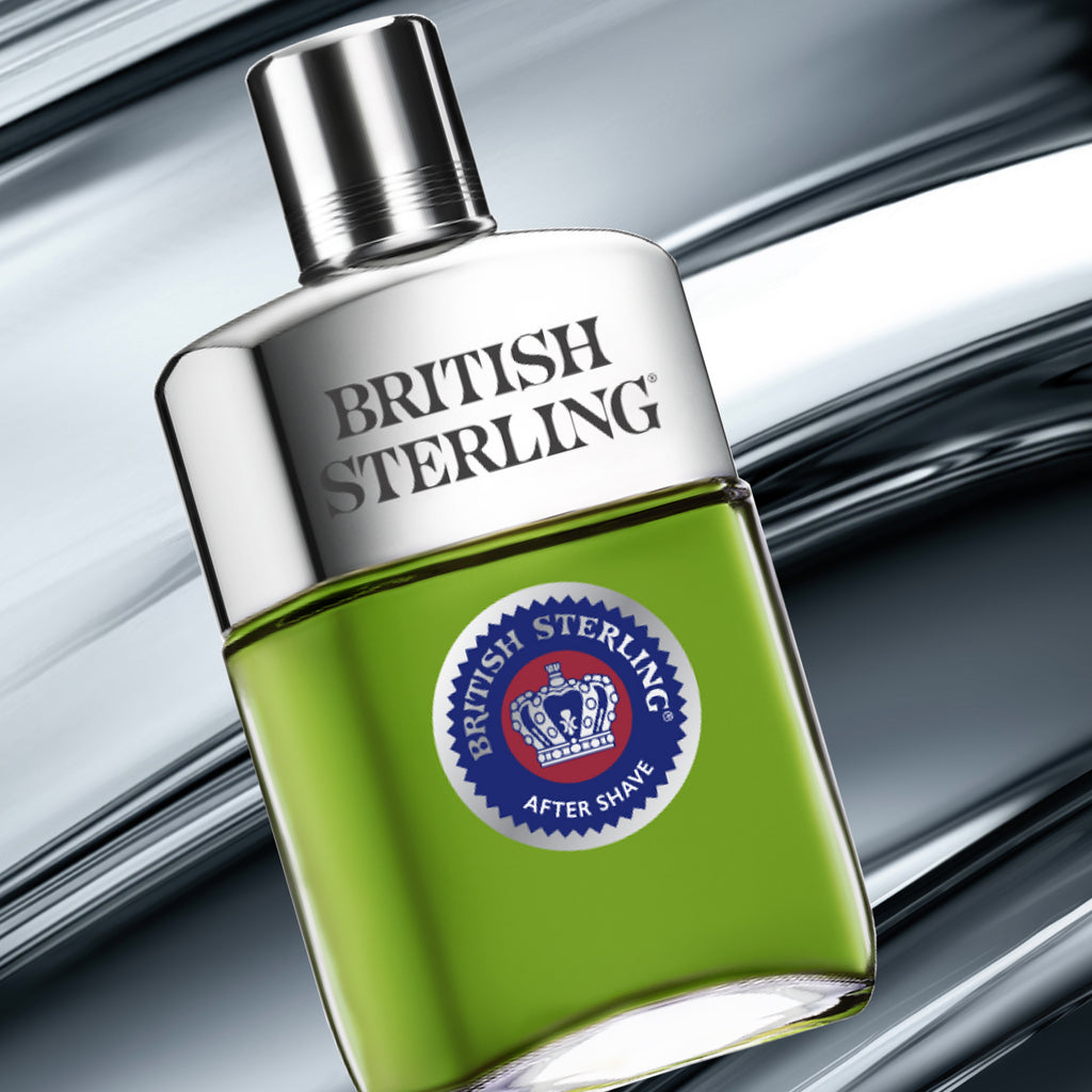 Editorial shot of a bottle of British Sterling After-Shave on a cool chrome background. 