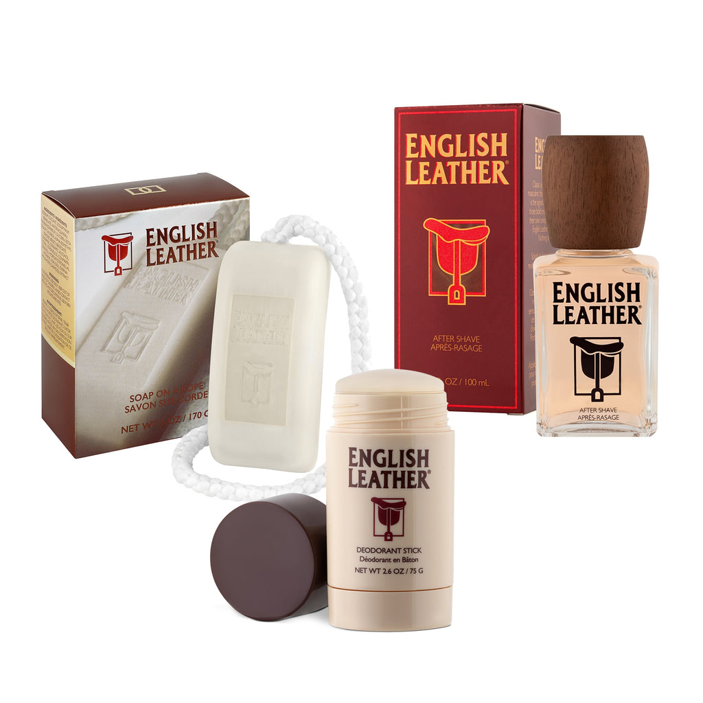 Bundle of English Leather soap on a rope, after-shave and deodorant stick shot together with their packaging. 