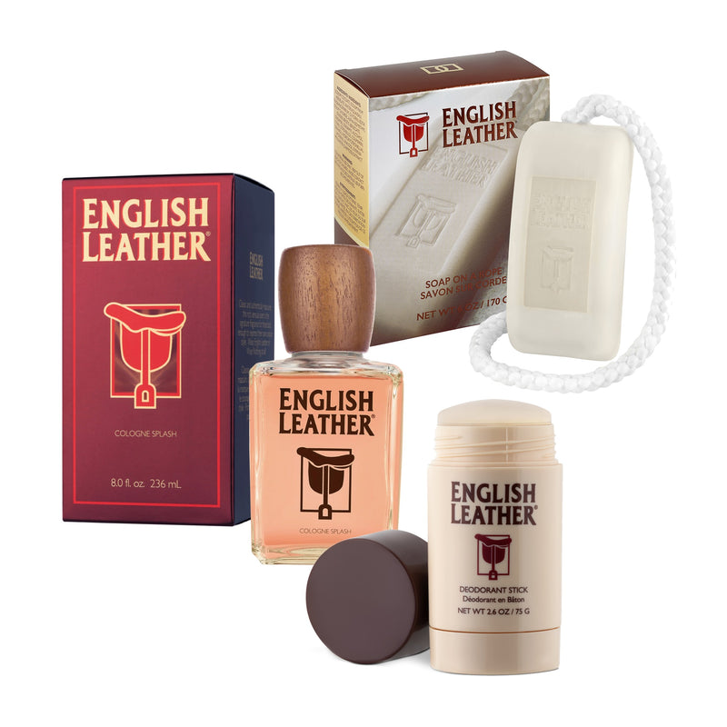 Bundle of English Leather soap on a rope, cologne and deodorant stick shot together with their packaging. 