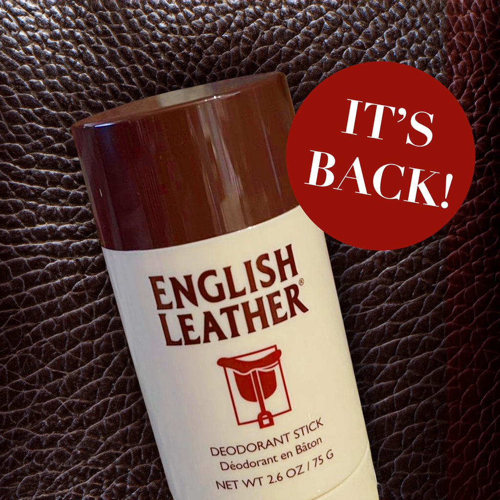 Editorial Shot of English Leather Deodorant stick with a dot that reads: It's Back!