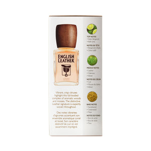 Back view of box of English Leather cologne with wooden bottle design on a white background
