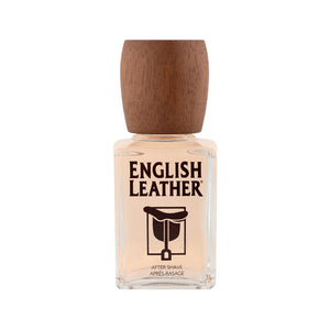 After-shave bottle labeled 'English Leather' with a wooden cap on a white background
