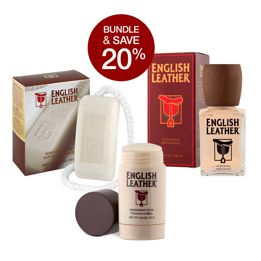 Bundle of English Leather soap on a rope, after-shave and deodorant stick shot together with their packaging. Promo dot reads: Save 20%