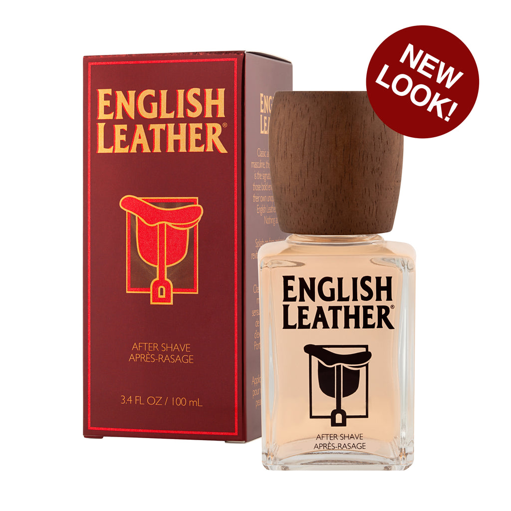 English Leather after shave bottle and packaging on a white background with dot that reads: New Look!