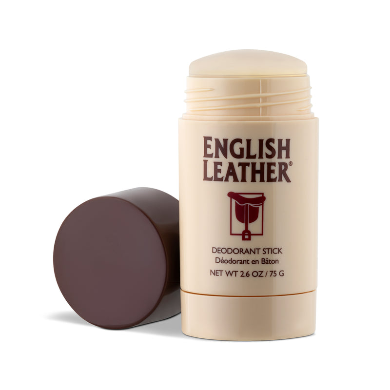Product shot of English Leather deodorant with opened cap.