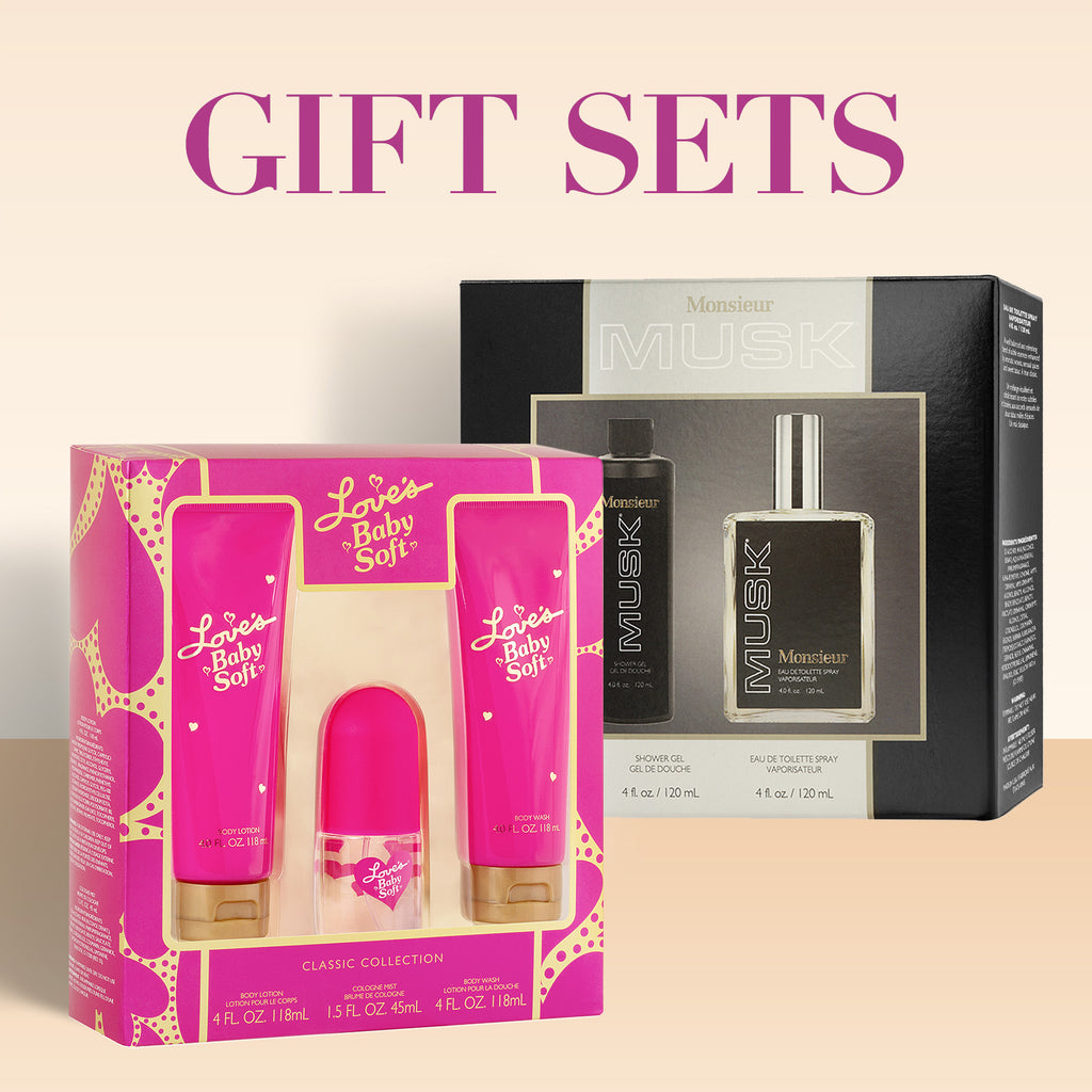 Product shot of Love's Baby Soft gift set next to Monsieur Musk Gift Set with headline: Gift Sets.