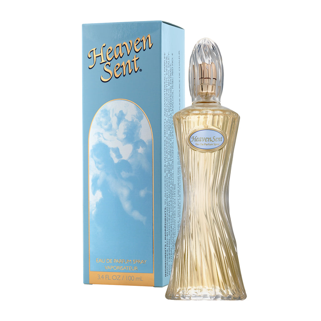 Perfume bottle and packaging of 'Heaven Sent' on a white background