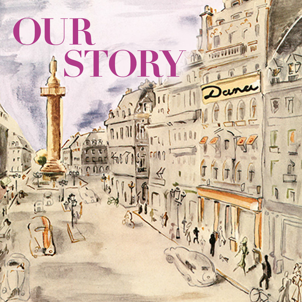 Vintage illustration of Dana store in 1940s Paris with title: Our Story