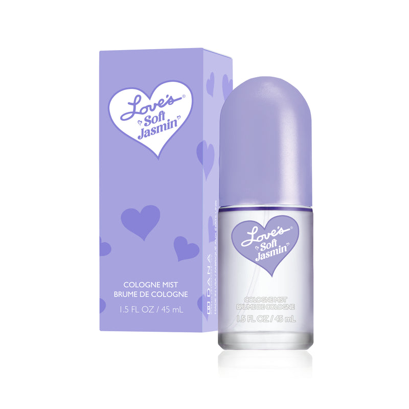 Product shot of Love's Soft Jasmin cologne mist 1.5 Fl Oz / 45 ml bottle and packaging box.