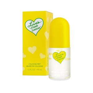 Product shot of Love's Fresh Lemon cologne mist 1.5 fl oz / 45 ml bottle and packaging box.