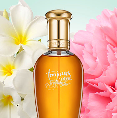 Editorial shot: close-Up of a Bottle of Toujours Moi cologne spray on a background of jasmine and carnation flowers. 
