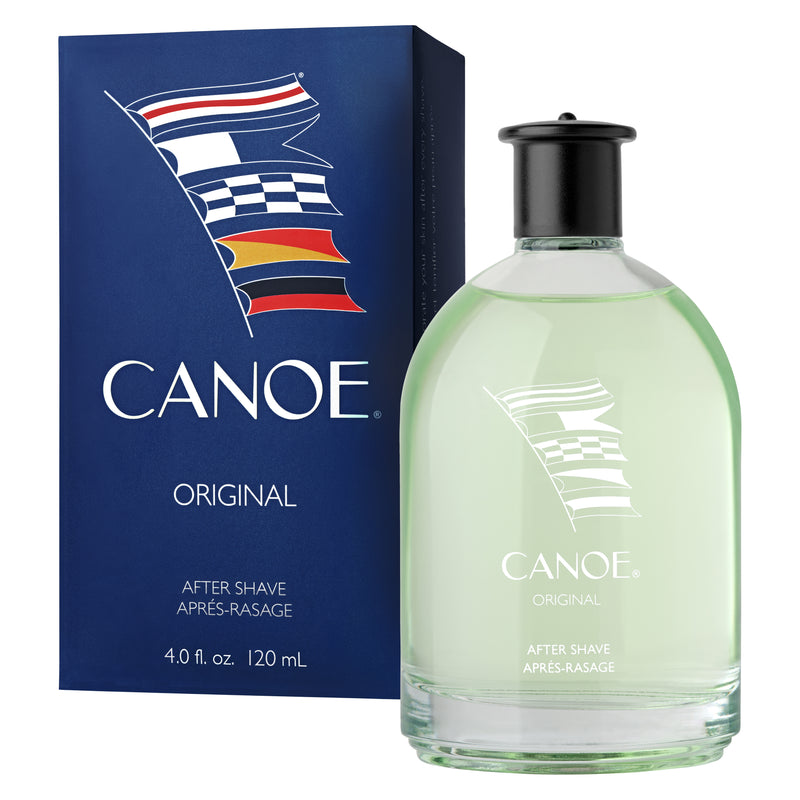 Back view of packaging box for Canoe after-shave with description of fragrance with Top, Middle and Base Notes.
