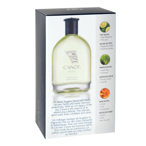 Tilted back view of packaging box of Canoe after-shave with description of fragrance and Top, Middle and Base Notes.