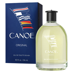 Product shot of Canoe eau de toilette splash 8 Fl Oz/ 236 ml bottle and packaging box.