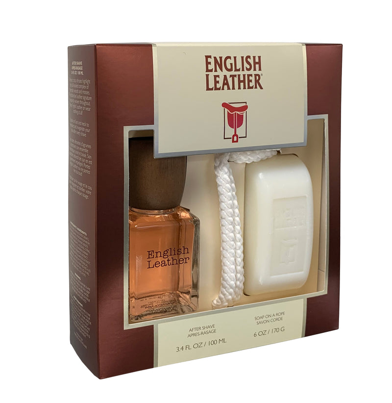 Tilted back view of English Leather 2-piece set with. fragrance Top, Middle and Base Notes.