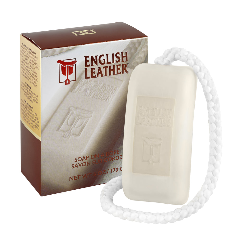 Product shot of English Leather soap on a rope and its packaging box.