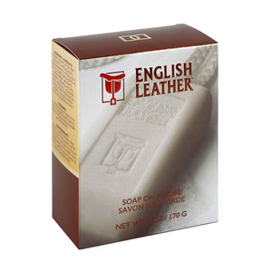 Tilted front view of English Leather soap on a rope packaging box.