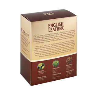 Tilted back view of English Leather soap on a rope packaging box with fragrance description and Top, Middle and Base Notes.