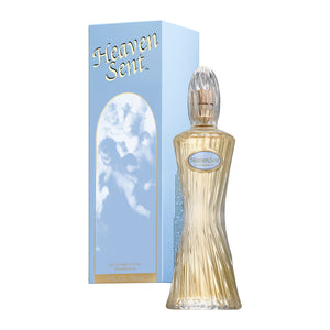 Product shot of Heaven Sent eau de parfum spray 3.4 Fl Oz / 100ml bottle and packaging box.