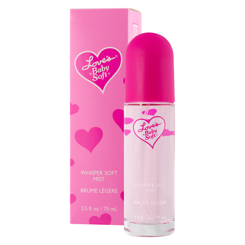 Product shot of Love's Baby Soft Whisper Soft Mist 2.5 fl oz / 75 ml bottle and packaging box.