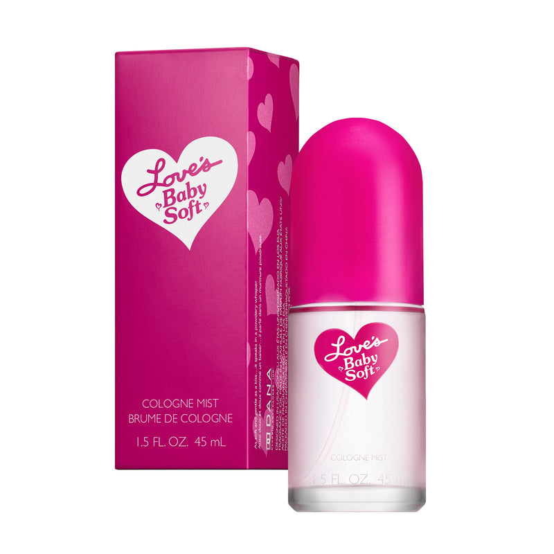 Product shot of Love's Baby Soft cologne mist 1.5 Fl Oz / 45 ml bottle and packaging box.