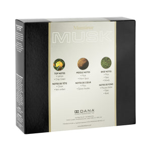 Tilted back view of Product shot of Monsieur Musk 2-piece gift set packaging box with fragrance Top, Middle and Base Notes.