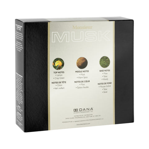Tilted back view of Product shot of Monsieur Musk 2-piece gift set packaging box with fragrance Top, Middle and Base Notes.