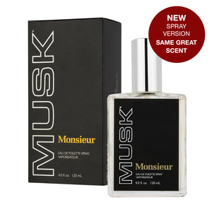 Product shot of Monsieur Musk 4 fl oz / 120 ml eau de toilette spray bottle and packaging box. Promo dot reads: "New spray version, same great scent". 