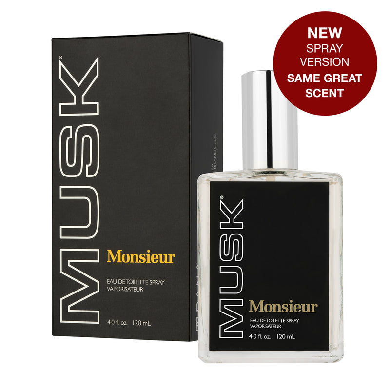 Product shot of Monsieur Musk 4 fl oz / 120 ml eau de toilette spray bottle and packaging box. Promo dot reads: 