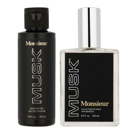 Product shot of Monsieur Musk shower gel and eau de toilette spray. 