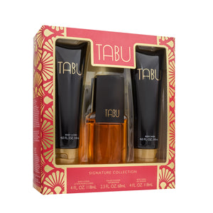 Product shot of Tabu 3-piece gift set packaging box with eau de cologne spray, body lotion and body wash.